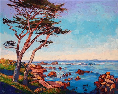 Erin hadn't visited Monterey for twenty years, and when she drove through one beautiful, crisp morning in September 2013, an entire explosion of paintings have been inspired and created. There are so many beautiful elements to paint: the wispy cypress trees, the golden-red ocean rocks, and the unbelievable cobalt blue of the water.