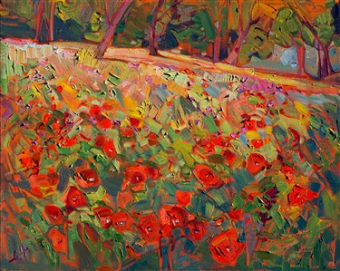 Abstracted poppies burst with vibrant color, the distant oaks a dark contrast against the sunlit field of wildflowers.  Each brush stroke is free and expressive, a spontaneous stroke of motion and color.

This oil painting was created on 3/4" stretched canvas and arrives framed, ready to hang.