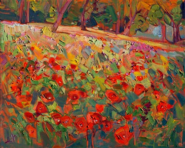 Abstracted poppies burst with vibrant color, the distant oaks a dark contrast against the sunlit field of wildflowers.  Each brush stroke is free and expressive, a spontaneous stroke of motion and color.

This oil painting was created on 3/4" stretched canvas and arrives framed, ready to hang.