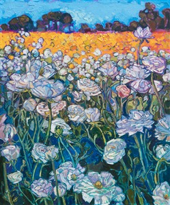 The flower fields at Carlsbad Ranch, in San Diego, offer endless inspiration for a painter. The rows of contrasting flowers, from white to yellow to orange, are captured here in thick brush strokes and impressionistic color. The white ranunculus flower (related to the buttercup) appears snowy white against the dark green leaves and yellow flowers beyond.