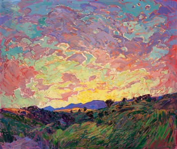 Luscious, buttery color captures the beauty of a transient sunset, in this oil painting of Paso Robles, California. The brush strokes are thick and impressionistic, full of life and movement. The thickly textured paint adds an additional dimension and depth to the painting. 

This large oil painting was created on 2"-deep stretched canvas, with the painting continued around the edges.  It can be hang on the wall unframed for a contemporary look. Read more about the <a href="https://www.erinhanson.com/Blog?p=AboutErinHanson" target="_blank">painting's details here.</a>