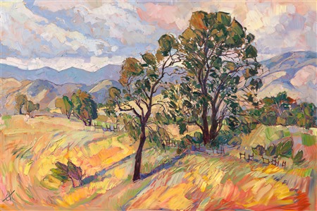 Original oil painting of central California, near Paso Robles. Summer colors coat the rolling hills with reds and golds, while the sky captures all the drama of a humid summer afternoon. The brush strokes are loose and full of texture, a modern take on classic impressionism.