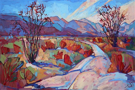 There is so much color to be seen in Borrego Springs, especially in early Spring when everything seems dusted in pale apple green. This painting captures the ocotillos in bloom against the distant purple and blue mountains.