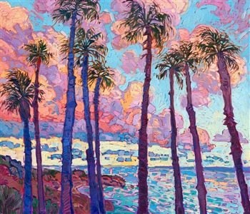 San Diego palm trees dance in front of a brilliant pink and lavender sunset, celebrating the beautiful hues of southern California's coastline. The impressionistic brush strokes are loose and painterly, capturing the movement and transient color of the scene.

"San Diego Palms" was created on 1-1/2" canvas, with the painting continued around the edges. The piece arrives framed in a contemporary gold floater frame, finished in burnished 23kt gold leaf.