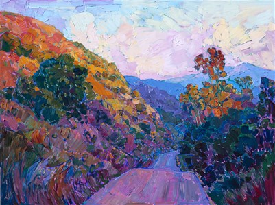 Rolling hills in Carmel Valley catch the last rays of the setting sun in this landscape painting.  The impressionistic brush strokes create a sense of motion and glimmering light.  The distant mountains are rich with color, contrasting against the warmth of the eucalyptus trees and hillside.

This painting was done on 3/4" canvas, and the piece has been framed in a traditional gilded Impressionist frame, wired and ready to hang.