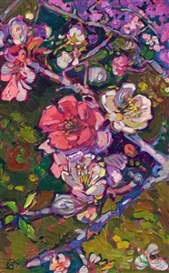When I was photographing the cherry blossoms in Japan, I came across the most beautiful flowering quince I have ever seen. The bush was covered in flowers varying in color from pure white to blush to deep pink. This painting captures the beauty of these Japanese flowers with thick, expressive brush strokes of luscious oil paint.