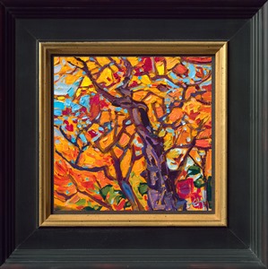 This miniature painting captures the vibrant oranges found in Kyoto's maple trees. The brush strokes are loose and expressive, making even a small canvas alive with motion and texture.

"Maple Petite" is an original oil painting on linen board. The piece arrives framed in a mock floater frame, pictured above.