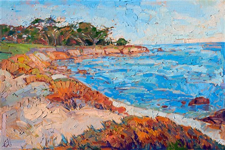 The color-drenched Monterey coastline curves among the wispy cypress trees in this impasto oil painting.  The brush strokes are thick and impressionistic, creating a mosaic of color and texture.