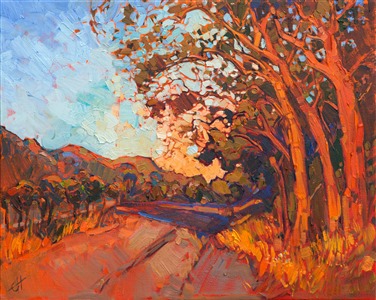 A warm red glow of late afternoon light bathes these California oaks in fleeting color before dusk falls.  This painting was inspired by driving through the wineries of Paso Robles, in central California.

This painting was created on 3/4" canvas and arrives framed in a classic gold frame, ready to hang.


