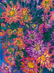 A medley of colorful petals swirls together in this painting of wildflower blooms. The brush strokes are thick and impressionistic, alive with color and motion.

"Color Blooms" is an original oil painting on linen board. The piece arrives framed in a wide, custom frame designed to set off the colors in the piece.

This painting will be displayed at Erin Hanson's annual <a href="https://www.erinhanson.com/Event/ErinHansonSmallWorks2022" target=_"blank"><i>Petite Show</a></i> on November 19th, 2022, at The Erin Hanson Gallery in McMinnville, OR.