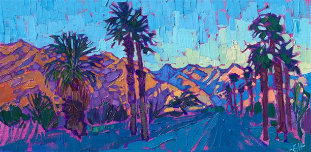 La Quinta is captured in bold brushstrokes and an impressionistic eye for color. The abstract shapes of the Santa Rosa mountains catch the changing hues of the setting sun, a beautiful backdrop behind the stately desert palms. 

"Dawning Desert" is an original oil painting on linen board. The piece arrives framed in a contemporary black and gold frame, ready to hang.