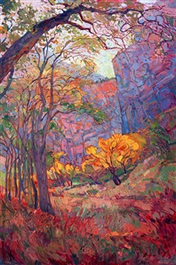 Hiking through the canyons of Zion is a must for anyone who loves dramatic scenery.  The towering red rock cliffs turn blue and purple in the distance, while cottonwoods turn fantastic hues of gold and orange in the autumn.  This painting brings to life a moment of awe experienced alone in the silence and majesty of the park.

This painting was created on a gallery-depth canvas with the painting continued around the edges. The painting will arrive ready to hang in a beautiful hardwood floater frame, ready to hang. 
