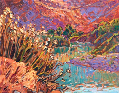 The slowly moving waters of the Rio Grande northwest of Big Bend National Park are surrounded by red limestone cliffs and verdant plantlife. This painting captures the color combinations of an early morning by the Rio Grande.

This painting will be on display at the Museum of the Big Bend, during the solo exhibition <i><a href="https://www.erinhanson.com/Event/MuseumoftheBigBend" target="_blank">Erin Hanson: Impressions of Big Bend Country.</a></i> This painting will be ready to ship after January 10th, 2019. <a href="https://www.erinhanson.com/Portfolio?col=Big_Bend_Museum_Show_2018">Click here</a> to view the collection.

This painting has been framed in a custom-made gold frame. The painting arrives ready to hang.