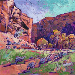 During a 50-mile backpack across Zion National Park, I discovered many inspiring landscapes.  One of my favorite was Hop Valley, a day's hike from Kolob Canyon. The flat wash of the canyon floor was bounded by short, steep cliffs on either side, creating dramatic shadows behind the autumn cottonwoods.  This painting has been framed in a gold floater frame.

This painting was displayed at the Zion Art Museum (located in Zion National Park) during the summer of 2017, for the exhibition <i><a href="https://www.erinhanson.com/Event/ErinHansonZionMuseum" target="_blank">Impressions of Zion</a></i>. 