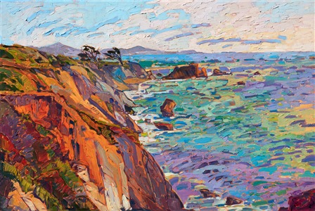 Sunset light illuminates the coastline of Mendocino.  The colorful rocks are layered in vivid shades of rust and lavender.  The brush strokes are thick and impressionistic, alive with texture and movement.  This painting captures all the beauty of the California coast.

This painting was done on 1-1/2" canvas, with the painting continued around the edges.  The piece arrives framed and ready to hang.