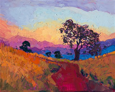 This evocative painting draws you into the idyllic landscape of Paso Robles, central California's beautiful wine country.  The endless rolling hills and patchwork of cultivated land are dotted with twisted oak trees, which complete the scenery to perfection.

This painting was created on a gallery-depth canvas with the painting continued around the edges. The painting will arrive ready to hang in a beautiful hardwood floater frame, ready to hang. 

Exhibited: "Impressions in Oil", Studios on the Park. Paso Robles, CA. 2015