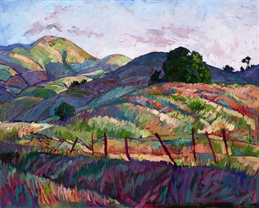 Pastel colors capture the California landscape near Paso Robles. The thick application of oil paint creates a wonderful mosaic of texture.