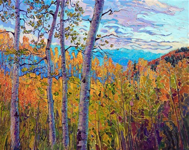 Rows of aspen trees march across the rolling mountainsides of Cedar Breaks National Park, in southern Utah. You can almost feel the cool autumn air whispering through the copper-colored leaves. The brush strokes in this painting are loose and impressionistic, alive with color and motion.

This painting was created on 1-1/2" canvas, with the painting continued around the edges. It has been framed in a silver floater frame and arrives ready to hang.