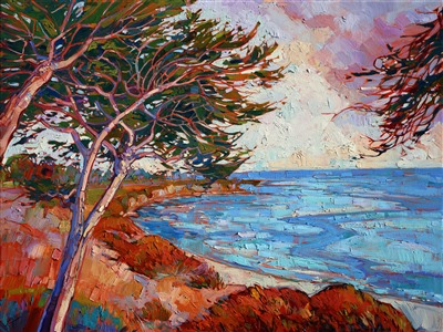 Thickly applied oil paint bursts from the canvas in rich texture and vivid color, transporting you to the beautiful landscape of Monterey. The iconic California cypress trees burst with color and motion, creating an emotional impact in the viewer.