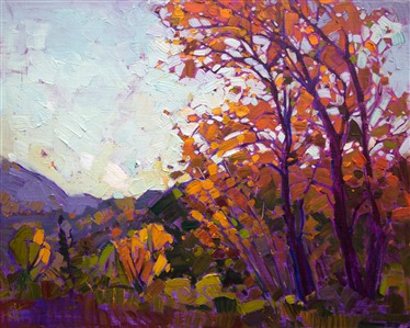 This painting was inspired by an early October trip through Utah, Colorado and New Mexico.  The fall colors were abundant and breathtaking.