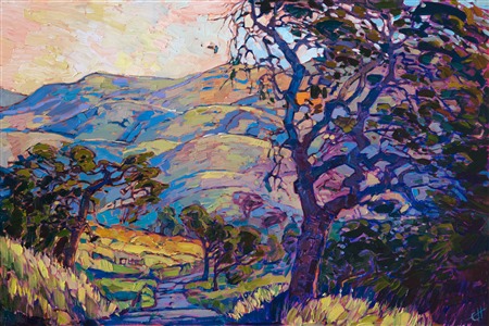 Mellow colors of a summer dawn wash over this painting of Mariposa wine country.  The abstract shapes of the California oak trees stand starkly against the distant rolling hills.  Each brush stroke is alive with motion, forming an impressionistic mosaic of color and texture across the canvas.

This painting was done on 1-1/2" canvas, with the painting continued around the edges of the canvas.  It has been framed in a hand-carved Open Impressionist frame.