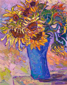 A vase of sunflowers is captured in impressionistic color by painter Erin Hanson. The thickly applied, expressive brush strokes create a sense of movement and excitement within the oil painting. The color is vibrant and alive, celebrating the natural beauty of the sunflower.

"Sunflowers in Blue Vase" is an original oil painting on linen board. The piece arrives framed in a black and gold plein air frame.