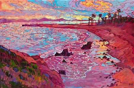 The beach near Newport Beach is pictured here in fiery colors of sunset. The wet sands glow with hues of orange and pink, while the calm ocean waters reflect the ever-changing colors of the sky. The impressionist brush strokes capture the movement and light of the scene.

"Laguna Coast" was created on 1-1/2" canvas, with the painting continued around the edges of the canvas. The piece arrives framed in a 23kt gold leaf floating frame.