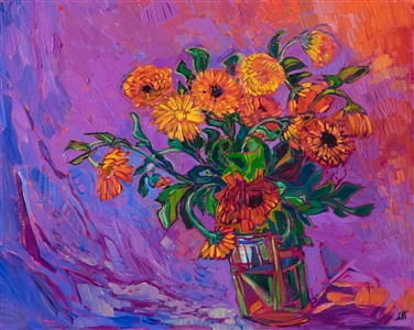 A vase of orange blooms rests against a cloth backdrop. The brush strokes in the painting are thick and impressionistic, capturing the vivid colors and energy of the flowers.

"Floral in Orange" was created on fine linen board, and the painting arrives framed in a hand-made and gilded plein air frame.
