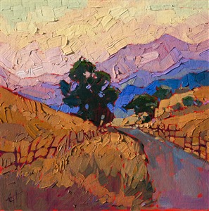 Layers of sunset color fade into blues and lavenders in the distant hills.  The thick brush strokes add a deeper dimension to the painting.

This small oil painting arrives framed and ready to hang.