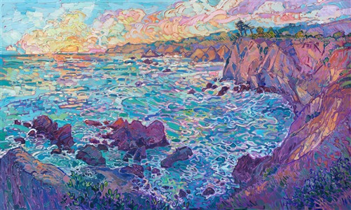 This vista point from a high bluff in Elk (just south of Mendocino) looks north to the famous Sea Stacks. The painting captures the grandeur and beautiful colors of the Northern California coastline. Thick brush strokes of oil paint create a sense of movement throughout the painting.