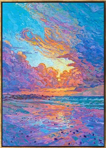 Rich hues of sunset reflect off the wet sand in this painting of Monterey, on the California coast. The impasto brush strokes are loose and expressive, capturing the vivacity and movement of the scene. In her style of Open Impressionism, Erin Hanson tries to not overlap her brush strokes when painting, getting each stroke right the first time without blending. This gives her impressionist paintings of sunsets and coastlines a bright and painterly feel, without any muddy colors.

The piece will be displayed at Erin Hanson's solo museum show <i><a href="https://www.erinhanson.com/Event/AlchemistofColor" target="_blank">Erin Hanson: Alchemist of Color</i></a> at the Channel Islands Maritime Museum in Oxnard, California. You may purchase this painting now, but the piece will not be delivered until after the show ends on December 28th, 2023.

"Reflections of Color" is an original oil painting on stretched canvas. The piece arrives framed in a contemporary gold floater frame finished in 23kt gold leaf.
