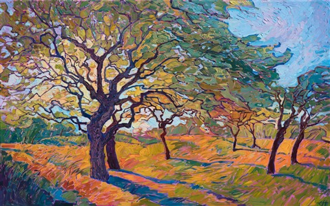 Long oak branches stretch overhead, forming a canopy of color into the heavens. Dawn light shines through the branches, casting a rainbow of changing shadows through the green leaves. The brush strokes are applied without layering, creating an impasto mosaic of color and texture across the canvas. 

This painting was done on 1-1/2" canvas, with the painting continued around the edges. The painting is framed in a gold leaf floater frame to complement the colors in the piece. It arrives wired and ready to hang.