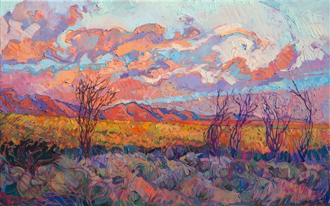 Burnished gleams of light spread over the high desert landscape near the Coachella Valley, in California.  The gathering ocotillos move together for a moment in passing.  Thickly applied paint leaps from the canvas with a rhythm of its own, while unexpected pops of color play with the eyes.