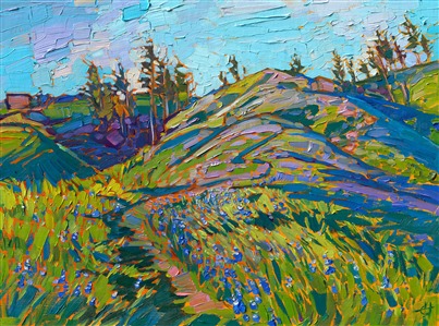 Rolling hills in central California are covered in springtime grass and thick beds of lupin growing as far as the eye can see. The calming hues of the landscape are captured in thick, painterly strokes of rich oil paint.

"Lupin Fields" was created on linen board, and the piece arrives framed and ready to hang in a plein air frame.