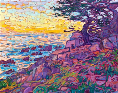 The ghost cypress trees along Carmel's coastline are beautiful to paint, their pale bark sculptured into twisted, abstract shapes that reflect the ambient light. This painting captures the coastal scenery with thick, impressionistic brush strokes and vivid, pure hues of color.

"Carmel Hues" is an original oil painting on linen board. The piece arrives framed in a black and gold plein air frame, ready to hang.