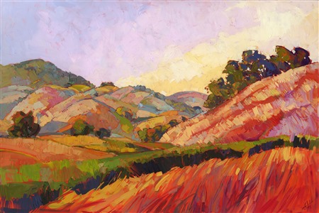 Morning light reflects off the rolling hills of Paso Robles, casting a warm glow over the summer yellow fields. The texture created with the thick, bold brush strokes brings the landscape to life through motion and color.
