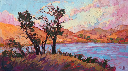 Pastel colors of early dawn give this landscape a wash of sherbet hues.  The dramatic lighting and thick brush strokes create a painting full of life and motion.  It is scenery and light like this that drags the artist out of bed and out exploring at 5am before dawn!

This painting was created on a gallery-depth canvas with the painting continued around the edges. The painting will arrive in a beautiful hardwood floater frame, ready to hang. The second photograph above shows how the piece looks under gallery spot lighting.

Exhibited: "Impressions in Oil", Studios on the Park. Paso Robles, CA. 2015