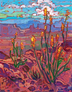 Layers of red rock buttes stretch far into the distance in this painting of Arizona's desert. Thick, impressionistic brush strokes come alive on the canvas, conveying a sense of motion and drama to the scene.

"Vista Buttes" is an original oil painting on linen board. The piece arrives framed in a plein air frame, ready to hang.