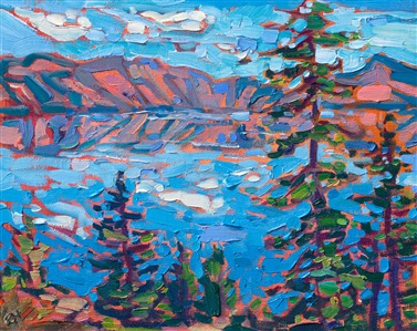 A petite work captures the epic landscape of Crater Lake in southern Oregon. The thickly applied brush strokes glisten with color and movement.

"Crater Lake in Petite" is an original oil painting on linen board, done in Erin Hanson's signature Open Impressionism style. The piece arrives framed in a wide, mock floater frame finished in black with gold edging.

This piece will be displayed in Erin Hanson's annual <i><a href="https://www.erinhanson.com/Event/petiteshow2023">Petite Show</i></a> in McMinnville, Oregon. This painting is available for purchase now, and the piece will ship after the show on November 11, 2023. 