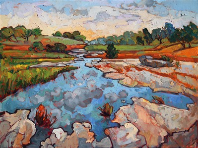 Hill Country, near Fredericksburg, Texas, is beautiful in the spring, everything saturated in rich shades of green. This still watering pool reflects the wide Texan sky in its still surface. The brush strokes in this painting capture the movement and life of the landscape.