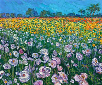 The Carlsbad flower fields bloom with wild primary and pastel hues in the spring. The ranunculus flowers stand out brightly against the dark green leaves and stalks. This oil painting captures their rainbow hues with thick, impressionist brush strokes.

"Flower Field" was created on 1-1/2" canvas, with the painting continued around the edges. The piece arrives framed in a custom-made, champagne gold floater frame.
