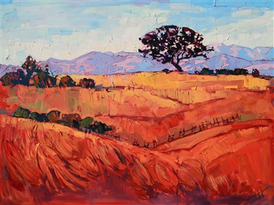 Layers of summer colors in red and gold grace the hillsides of east Paso Robles. The distant mountains seem cool and restful in the distant atmosphere. This painting was created with bold, impasto brush strokes that capture the spontaneous feeling of the wide outdoors.