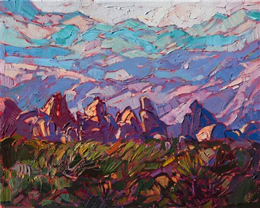Small boulders frolic in the foothills of the desert mountain ranges of Joshua Tree National Park.  The loose, playful brush strokes are alive with motion and light.  This small oil painting has been framed and arrives ready to hang.