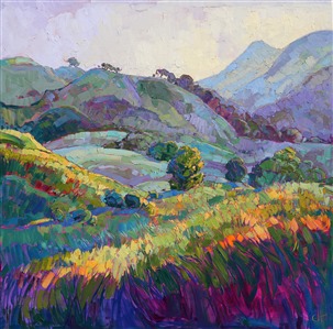 Purple velvet shadows roll over the jewel-toned hills of Paso Robles. Rows of oak trees tuck themselves into the curves and crannies of the hillsides, their tops catching the fiery light of dawn.