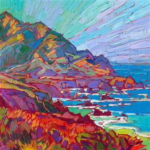 Vibrant hues of rainbow colors dance along the California coastline, after the morning fog rises and the sunshine bathes the landscape in warm, brilliant color.

"Color Expression" was created on fine linen board. The piece arrives framed in a plein air frame, ready to hang.