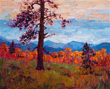 Utah color is captured in expressive texture and painterly brush strokes. This painting brings to life a beautiful and transient moment of beauty seen at Cedar Breaks National Park, near Zion.  The yellow-orange hues of the aspens are set off by the distant blue mountain ranges.

This painting will be displayed at <a href="https://www.erinhanson.com/Event/ErinHansonTheOrangeShow">The Orange Show</a> at The Erin Hanson Gallery during the month of October.  The piece is available for purchase now, but your painting will be shipped at the end of the exhibition.

The painting has been framed in a gold floater frame.  It arrives wired and ready to hang.