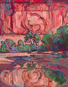 This piece is second in the series of cottonwood paintings inspired by Canyon de Chelly, Arizona. The reddish pink sandstone is the perfect contrast to the bright green leaves of the cottonwoods.  The brush strokes in this painting are thick and impressionistic, creating a mosaic of color and texture across the canvas.

This painting was created on 1-1/2" deep canvas. This piece arrives framed in a gold floater frame. 
