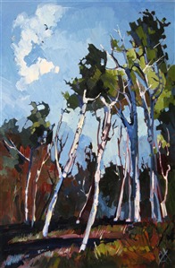 Beautiful, colorful birch trees are captured with thick brush strokes and lively contrasts. This painting was inspired by a drive through the high desert forests of Utah.