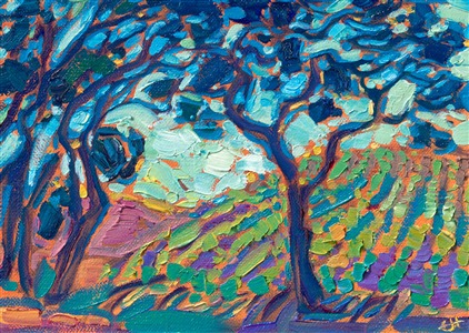 This miniature landscape painting captures a vineyard behind a stand of oak trees in Paso Robles, California. The petite work captures the beauty of California in the springtime.

"Vineyard and Oak" is an original oil painting on linen board, done in Erin Hanson's signature Open Impressionism style. The piece arrives framed in a wide, mock floater frame finished in black with gold edging.

This piece will be displayed in Erin Hanson's annual <i><a href="https://www.erinhanson.com/Event/petiteshow2023">Petite Show</i></a> in McMinnville, Oregon. This painting is available for purchase now, and the piece will ship after the show on November 11, 2023.