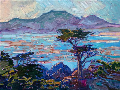 This view of Lone Cypress in Pebble Beach captures the wide vista of distant mountains and protected waters of the bay.  The distant seaweed floating on the surface of the ocean appears in hues of purple and burnt sienna.

This painting has been framed in a hand-carved and gilded frame that was designed to complement the colors in this painting.  It will arrived wired and ready to hang.

This painting will be included in the exhibition <i><a href="https://www.erinhanson.com/Event/erinhansoncoastalcalifornia" target="_blank">Erin Hanson: Coastal California</i></a>, at The Erin Hanson Gallery in San Diego. The artist's reception will take place on June 24th.  If you purchase this painting online, it will be shipped to you the week of June 26th.